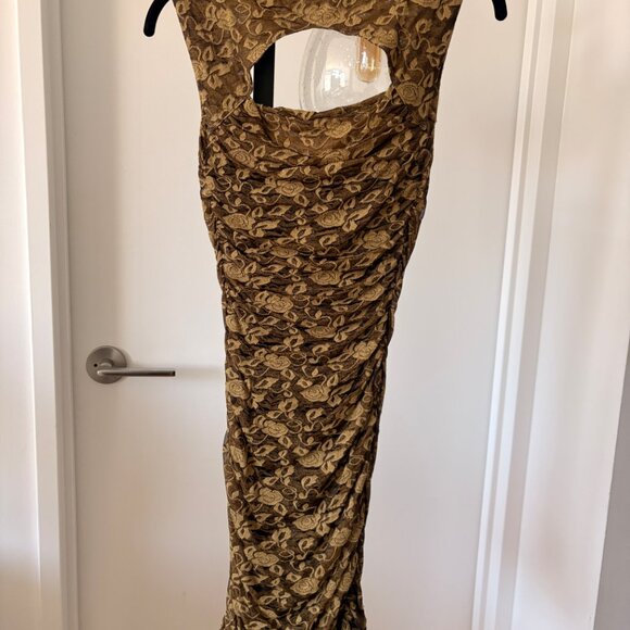 Free People Vintage 2010s Ruched Dress | Gold Floral | Open Back - Picture 3 of 5